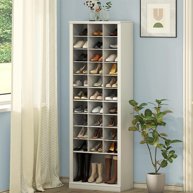 Hzuaneri 11 Tiers Shoe Storage Cabinet, Tall Shoes Cabinet with Cubby | Freestanding Wooden Shoe Organizer, 30-33 Pairs, Shoes Cubby Organizer for Entryway, Bedroom, White 02001BSR
