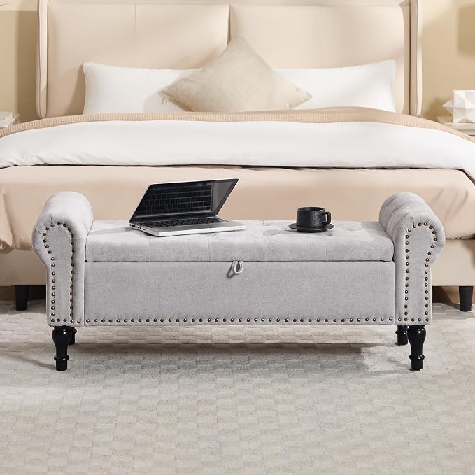 51" Storage Bench for Bedroom, Chenille End of Bed Bench, Queen Size Bench with Rolled Arms, Tufted Storage Ottoman Benches, Upholstered Bench for Bedroom, Living Room, Entryway, Light Grey