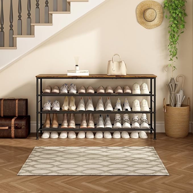 SUOERNUO 4 Tier Extra Long Shoe Rack Organizer Storage for Closet Entryway | Large Capacity Shelf,MDF Top Board,Sturdy Metal Frame,Ideal for Living Room,Hallway Black