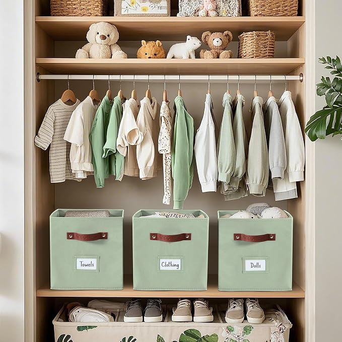 DECOMOMO Storage Bins, Cube Storage Bin with Labels | 13" x 13" x 13" Fabric Storage Cubes for Shelves (6pcs, Sage Green)