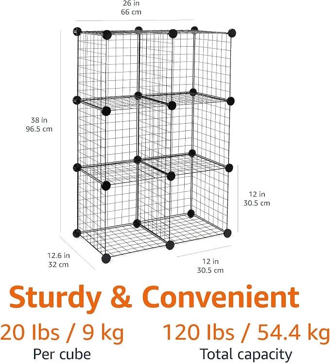 Amazon Basics 6-Cube Wire Grid Stackable Storage Organizer, Metal Shelving Unit, No-Tool Assembly, 26"W x 38"H x 12.6"D, Black