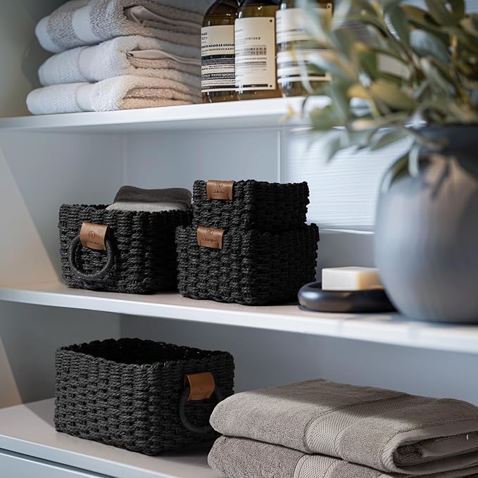 LA JOLIE MUSE Small Wicker Baskets for Organizing, Black 3 Pack | Decorative Organizer with Vegan Leather Tag, Round Handle, Storage Baskets for Shelves, Bedroom, Kitchen, Office and Home