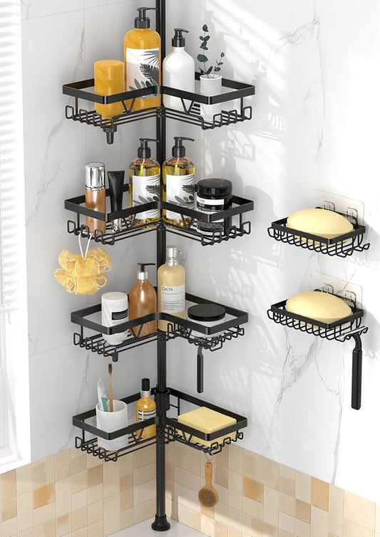 DAOYA Corner Shower Caddy - 4-Tier Shower Caddy Tension Pole with 2 Removable Soap holders Bathroom Shampoo Holder for Bathtub & Corner, Black, Floor to Ceiling 25-114.2 inch
