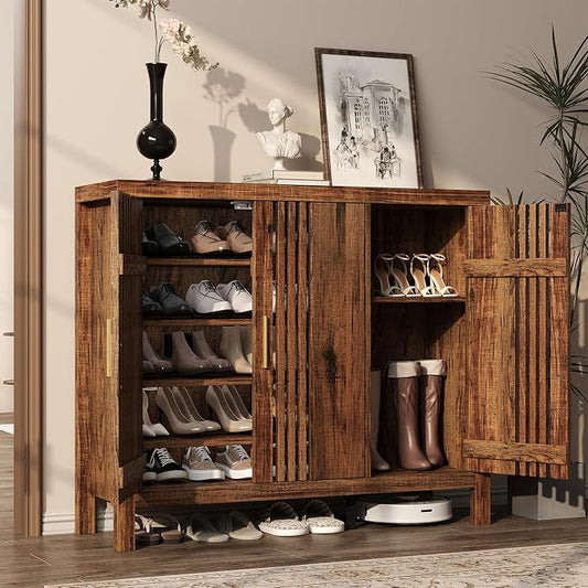 UNIQUITE Wooden Shoes Cabinet with 3 Doors and Adjustable Shelves, Retro Freestanding Shoe Organizer Cabinet for Entryway Hallway Living Room, 5-Tier Shoe Cabinet for 30 Pairs, Dark Walnut