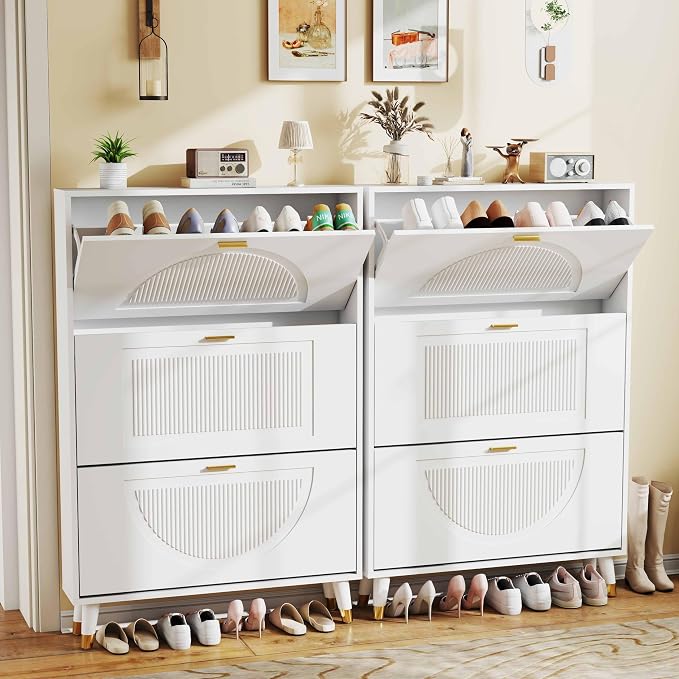 Narrow Shoe Cabinet Storage for Entryway: Cabinet Shoe Rack Organizer, White Shoes Cabinets with 6 Flip Drawers, Modern Shoes Storage Entryway for Front Door Entrance (2 Piece, 32")