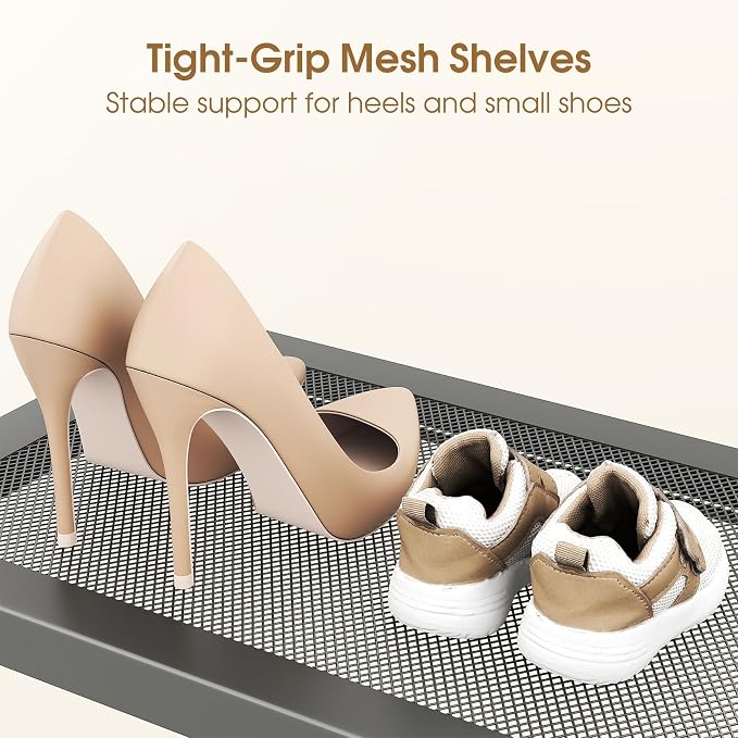 SAYZH 2-Tier Expandable Shoe Rack for Closet, Adjustable Metal Shoe Organizer with Sturdy Mesh Shelves for Boots & Heels, Stackable Shoe Storage for Entryway, Garage, Small Spaces (Grey, 2-Tier)