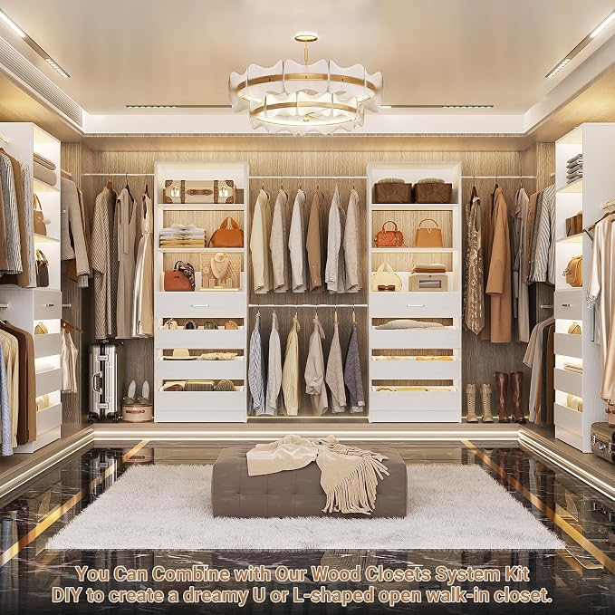 Aheaplus Closet System, 6-15Ft Closet Organizer with 8 Wooden Drawers, Wood Closet Organizer System with Tower, Walk-in Closet Organizer Wardrobe Clothes Rack with 4 Hanging Rods, Garment Rack, White