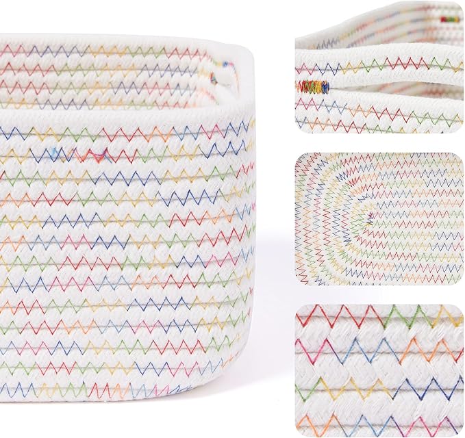 MiniArk Small Storage Baskets for Organizing | Closet Organizer Bins | Shelf Toy Basket | Woven Rope Baskets | Cube Decorative Box | Shallow Basket | 13x8.5x5.1” | 3 Packs Rainbow