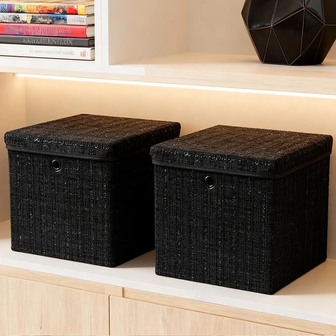 modscape 12x12x12 Collapsible Fabric Cube Storage Bins with Lids | Clothes storage bins for shelves, closet, bedroom. Decorative boxes with lids, treasure box for classroom(Shining Black, 4)