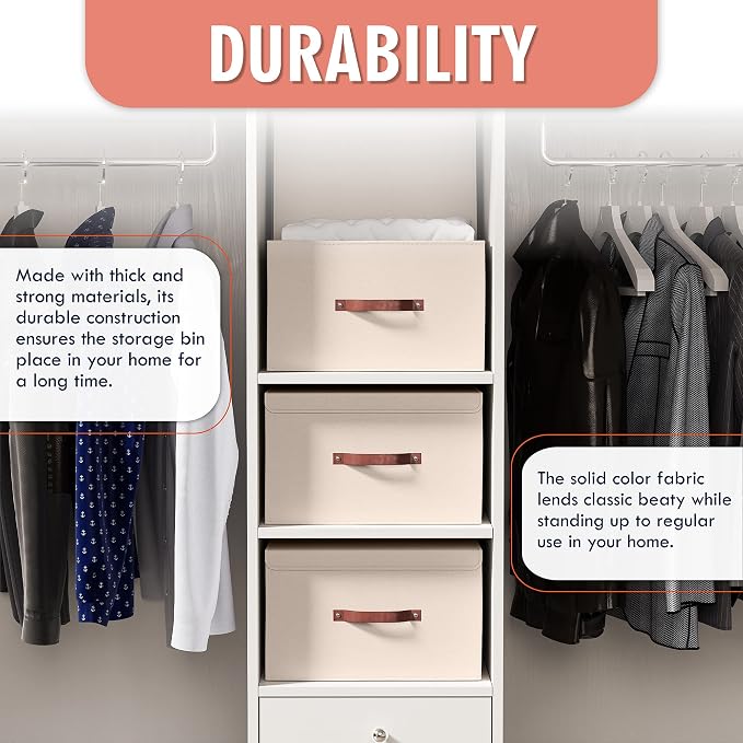 Ornavo Home 3 Pack Collapsible Storage Bins with Lid, 16.5x11.8x7.5, Beige | Foldable Linen Fabric; Faux Leather Handles; Ideal Closet Organizer & Large Storage Box for Clothes and Shelves