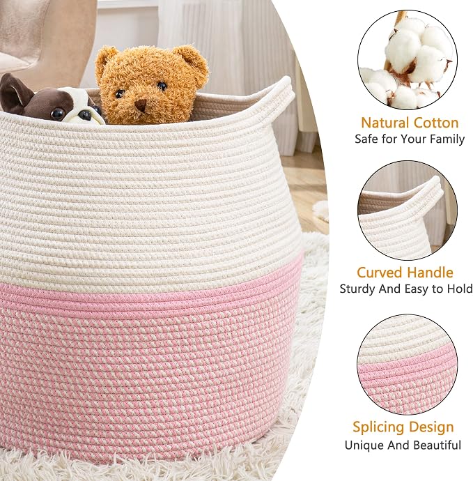 KAKAMAY Woven Baskets for Storage(17"x17"),Large Cotton Rope Woven Baby Laundry Hamper,Collapsible Laundry Basket, Blanket Basket for Organizing Living Room,Nursery,Pillows,Toy Chest(Pink)