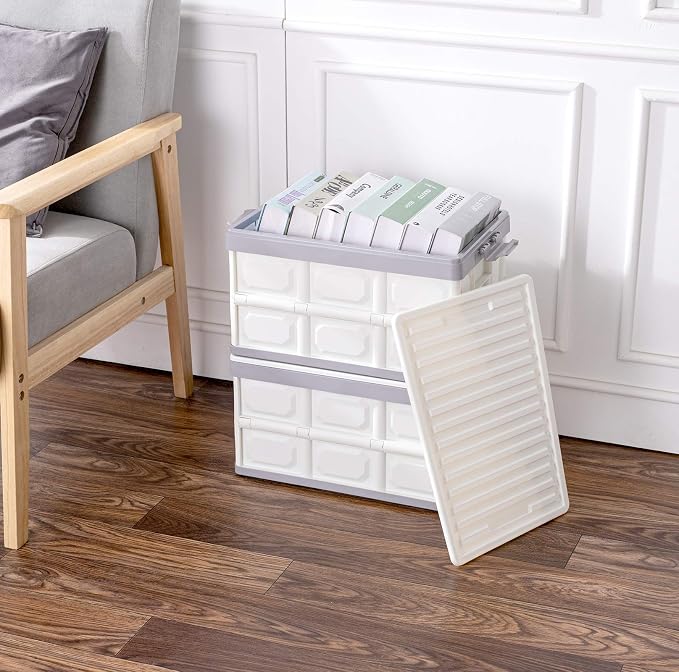 Collapsible Storage Bins with Lids 30L, Folding Plastic Stackable Utility Crates 2-Pack, Durable Containers for Home & Garage Organization - Oyster White