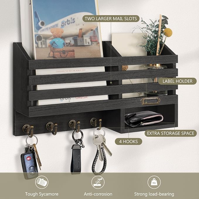 FifthQuarter Mail Holder Wall Mount with 2 Mail Shelf and 4 Sturdy Key Hook | Wooden Entryway Organizer and Decorative, Easy Installation