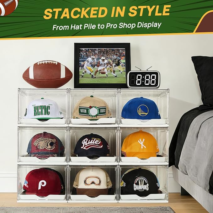 Vtopmart 6 Pack Stackable Baseball Caps Organizer, Each Holds 12 hats | with Sliding Drawer, Magnetic Door, Stackable, Transparent