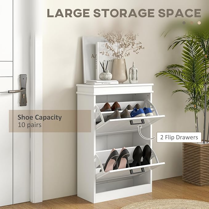 HOMCOM Narrow Shoe Cabinet with 2 Flip Drawers, Modern, for Entryway, White | Freestanding Small Shoe Storage Cabinet, Adjustable Shelves, Hallway