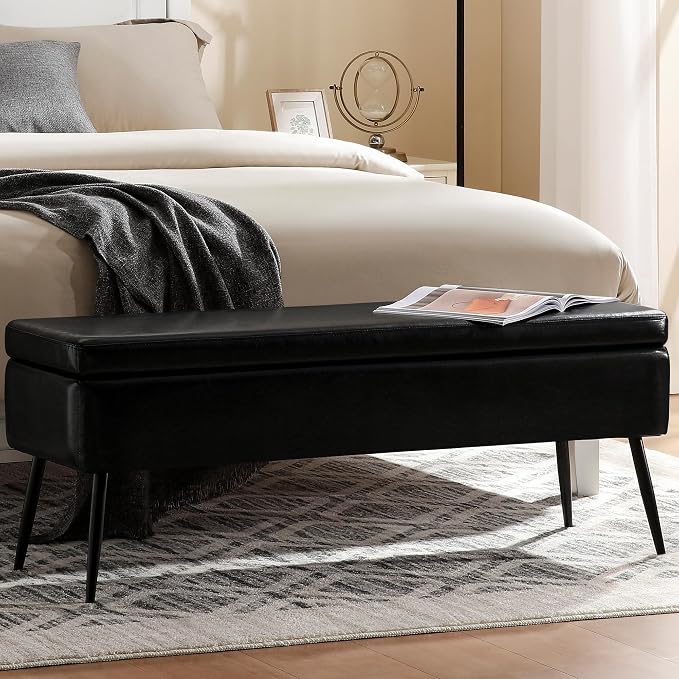 kinmars Leather Storage Ottoman Bench, End of Bed Bench with Steel Legs | Black Leather Smooth Upholstery Design | 660 lb Capacity | Safety Hinges |Mid-Century Modern Style | Bedroom & Entryway