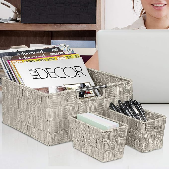Sorbus Storage Baskets for Organizing (Set of 7), Mesh Hand-Woven Design, Linen Closet Organizers and Storage, Organizer Storage Baskets for Shelves, Variety Pack Organizers and Storage (Beige)