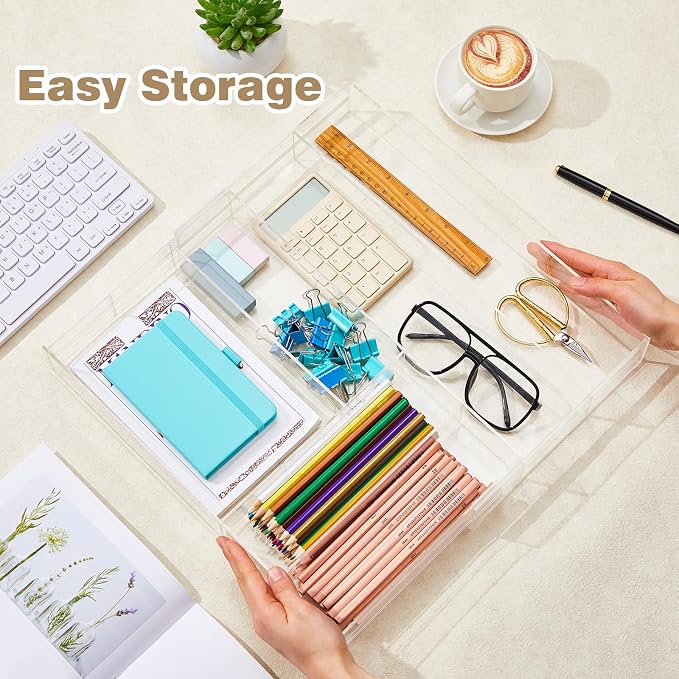 Briwooody Clear Acrylic Drawer Organizer Expandable,7 Compartments,Large | 9'' up to 18'' x 12'' x 2.1'' Desk Drawer Organizer Trays Adjustable with Desk Accessories for Makeup Office Bathroom