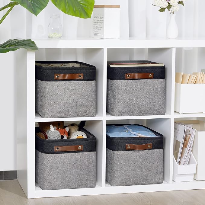 DULLEMELO Canvas Storage Bin with Handles, Fabric Bins for Shelves, Bedroom, Office,Nursery,Fabric Storage Baskets for Toys, Clothes,Gift(Black&Grey,L-15"x11"x9.5",4-Pack)