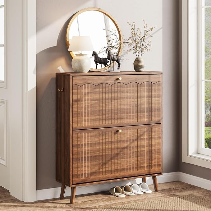 Nicetree Slim Shoe Cabinet for Entryway, 9.5" Narrow Shoe Storage Cabinet with Architectural Arched Fluted Front, Entryway Shoe Storage with Adjustable Shelves, Mid-Century Walnut