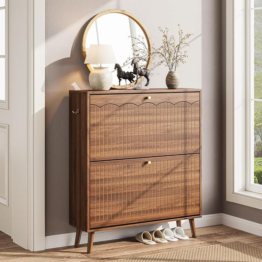 Nicetree Slim Shoe Cabinet for Entryway, 9.5" Narrow Shoe Storage Cabinet with Architectural Arched Fluted Front, Entryway Shoe Storage with Adjustable Shelves, Mid-Century Walnut