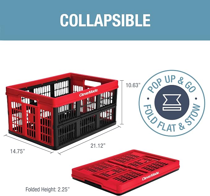 CleverMade Collapsible Utility Crates - Red 1pck 45L / 11 Gal holds 66 lbs - Stackable Containers Heavy Duty Capacity Crates Space-Saving Baskets