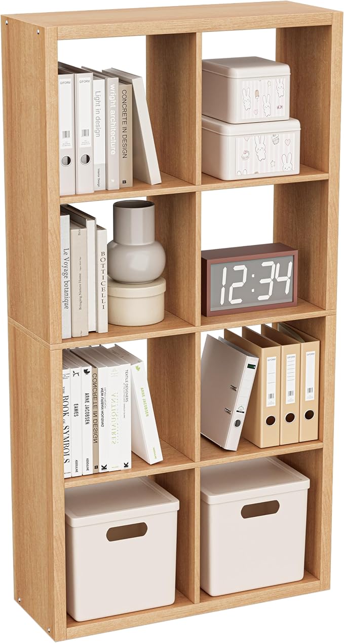 VDNEND Cube Storage Organizer Bookcase, Decorative 11 inch Open Back Cubical Shelf with Thickened Border, Display Bookshelf for Living Room, Home Office, Sturdy Room (Natural Oak, 8 Cube)
