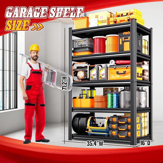4 Pack Storage shelves Heavy Duty Metal Garage Shelving,71"H x 35"W | 5-Tier 16"D Garage shelves Adjustable Shelf Heights,Powder-Coated Finish,Rust & Scratch Resistant, Warehouse Workshop Use