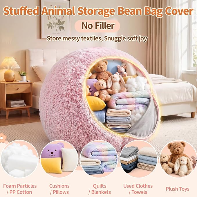 Stuffed Animal Storage Bean Bag Chair Cover, Soft Bean Bag Cover | Fluffy Faux Fur Stuffed Animal Storage Chair, Non-Slip Bottom, Fill with Plush Toys or Blankets, for Kids Teens Adults Girls