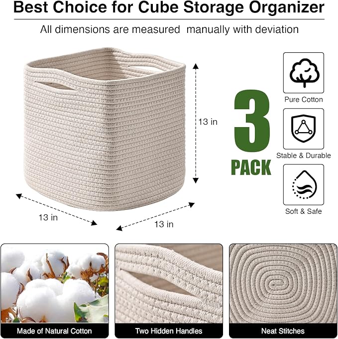 ICERZCZ 13 Inch Cube Closet Storage Bins, Woven Cotton Rope Organizer Baskets for Organizing & Shelves, Books, Towels, Clothes, Toys, 13x13x13 in, Off White (Pack of 3)