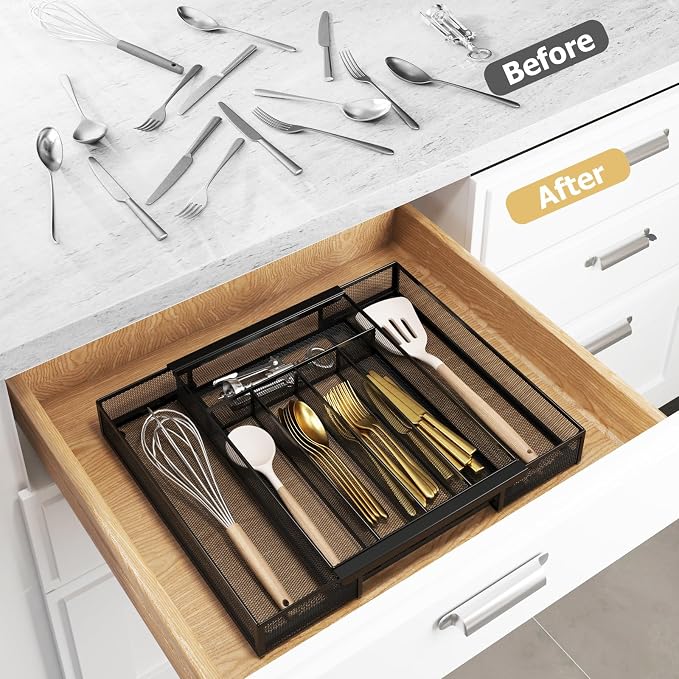 Sedegn Silverware Organizer Metal Mesh, Drawer Organizer, Utensil Cutlery Tray for kitchen drawers,Expandable Flatware Organizer with 7 Compartment Black 9.6"~16.1" x 13.8"
