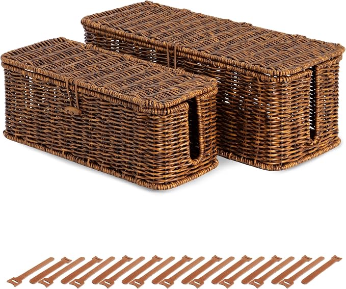 BROWNLILY Rattan Wire Storage Box, Handmade Cord Organizer for Desk Cord Hider Outlet Covers for Power Strip TV PC Router Charger Under Desk Cable Management Box