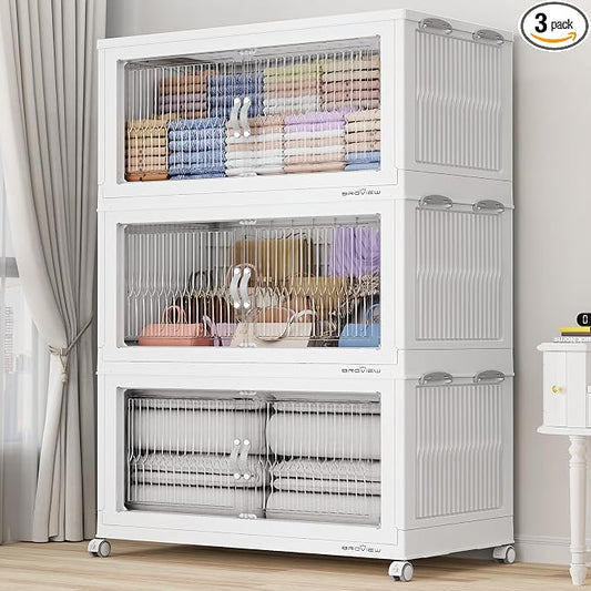 BROVIEW 600 Qt Extra Large Stackable Storage Bins with Lid, Plastic Closet Organizer and Storage Drawer, Collapsible Storage Box with Wheels, Folding Storage Cabinet for Closet Organizing, 3Pack White