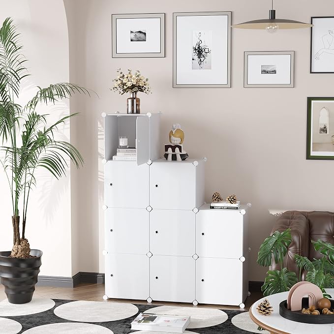 C&AHOME 9-Cube Storage Organizer with Door Cube Shelf Closet Cabinet Milky | DIY Plastic Modular Bookshelf, Stackable Clothes Storage Shelving Ideal for Home, Bedroom, 36.6”L x 12.4”W x 36.6”H