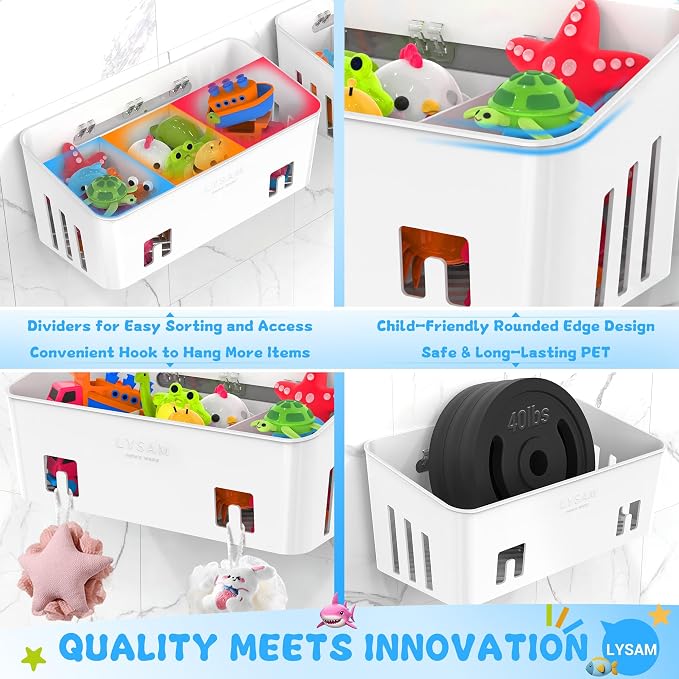 Bath Toy Storage 2 Packs, Large Bath Toy Holder - 3 Compartments, Quick-Dry | BPA-Free Bathtub Toy Organizer, Wall-Mounted Adhesive Shower Caddy, Bathroom Toy Basket & Bin for Baby, Toddler, Kids, White