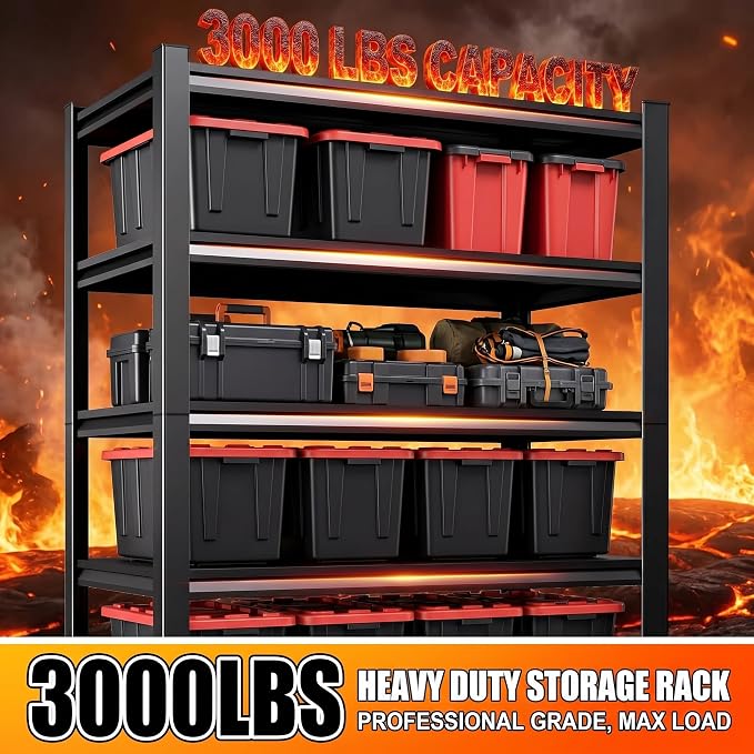 Garage Shelving, Heavy Duty Adjustable Boltless Metal Storage Shelves | 3000 LBS Industrial Steel Rack for Pantry Kitchen Basement Warehouse Storage, 72"H x 36"W x 16"D