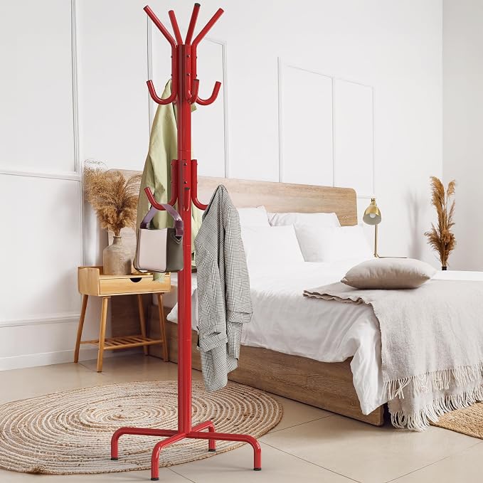 Simple Houseware Standing Coat/Hat Hanger Organizer Rack, 12 Hooks, Red | For Entryway, Bedroom, and Hallway