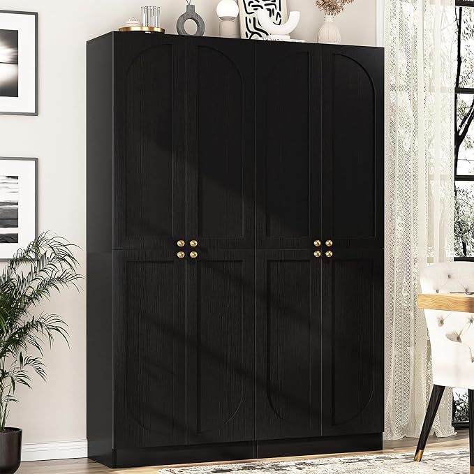 Cyclysio 80" Kitchen Pantry, Extra Tall Arch Storage Cabinet with 8 Soft Close Doors and Adjustable Shelves, Freestanding Wood Cupboard with Seamless Fit Wall for Dining Living Room Bathroom Furniture