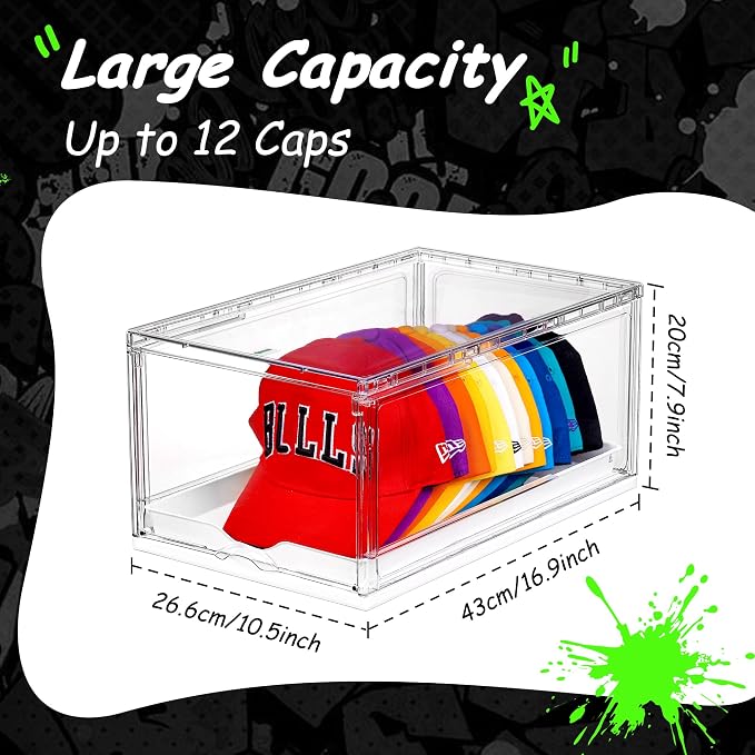 Vtopmart 4 Pack Stackable Baseball Caps Organizer, Each Holds 12 hats | with Sliding Drawer, Magnetic Door, Stackable, Transparent