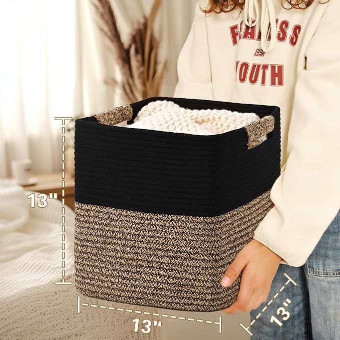 13 Inch Storage Cubes, 3 Pack Cube Storage Bins for Organizing, Cotton Rope Woven Baskets for Shelves, Bathroom, Kids Room, Closets, Baby Nursery