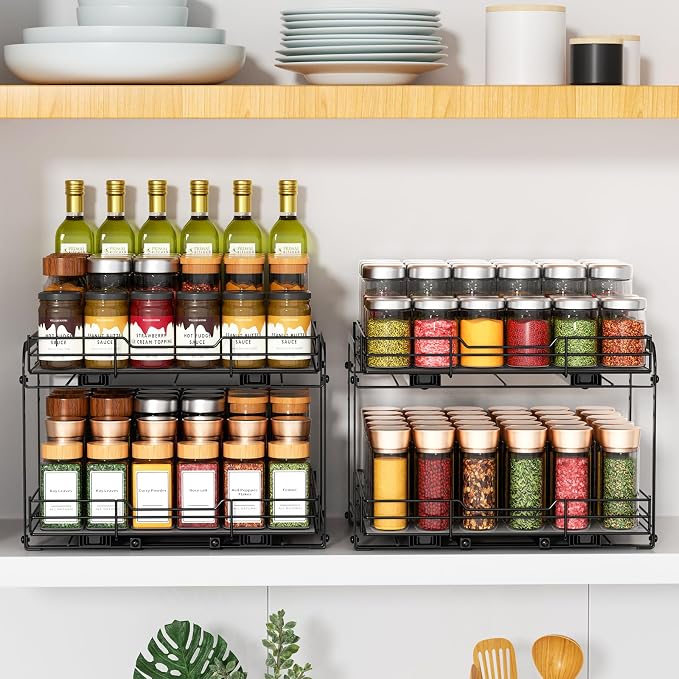 RCHYFEED 2 Tier Height Adjustable Pull Out Spice Rack,13.5" Wx10.5 Dx9.5 H | Heavy Duty Spice Organization for Cabinet Metal Slide Out Spice Rack for Cabinet & Pantry, for Seasoning,Sauces,Canned Goods