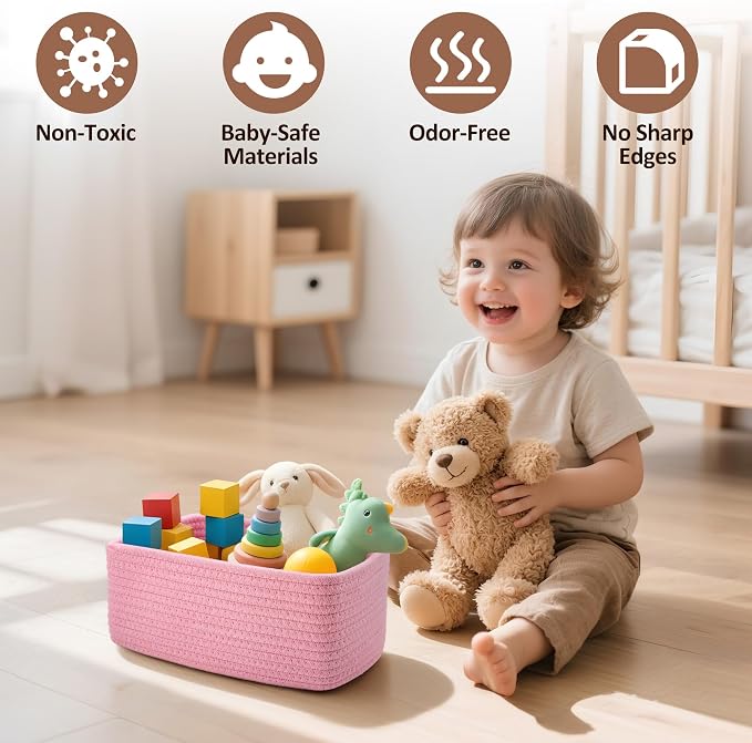 5-Pack Small Woven Rope Storage Baskets, 2 Sizes Organizer Bins | Fabric Cube Boxes and Rectangular Shallow Bins for Closet, Shelf, Bookshelf, Nursery, Changing Table, Bathroom, Toys & Home