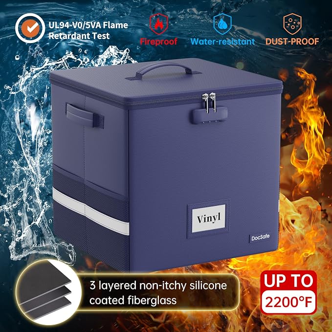DocSafe Vinyl Record Storage Box with Lock, Fireproof＆Water Resistant Record Organizer for 100+ Single Records(12-inch), Collapsible Storage Crate with Lid&Handles for Valuable Album Collection, Blue