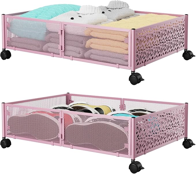 PHINOX Under Bed Storage Container with Wheels,Patterned,Metal,2 Pack,Pink | Tool-free assembly, glide smoothly, easy reach, foldable, maxmazie low-profile beds, dorm, keep seasonal clothes, shoes fresh