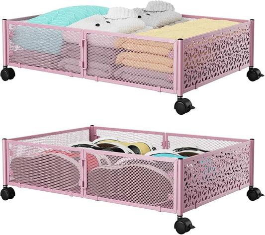 PHINOX Under Bed Storage Container with Wheels,Patterned,Metal,2 Pack,Pink | Tool-free assembly, glide smoothly, easy reach, foldable, maxmazie low-profile beds, dorm, keep seasonal clothes, shoes fresh