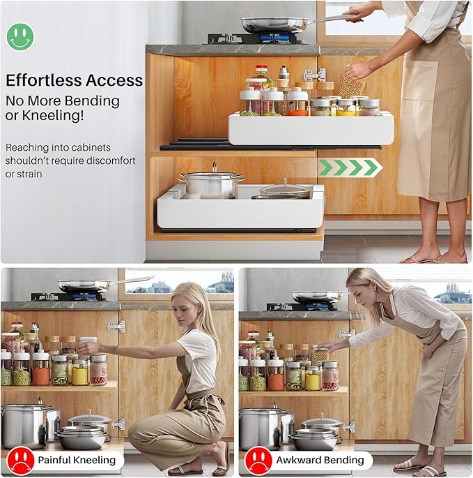 Pull out Cabinet Organizer, 2-pack, Expandable(12"-20") Heavy Duty Slide out Drawers Fixed with Adhesive Nano Film for Pots, Roll out Shelf Storage for Kitchen Base Cabinet Organization(3 Rails)