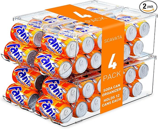 SCAVATA 4 Pack Soda Can Organizer for Refrigerator, Stackable Canned Food Pop Cans Container Can Holder Dispenser with Lid for Fridge Rack Freezer, Clear Storage Bins-Holds 12 Cans Each (Transparent)