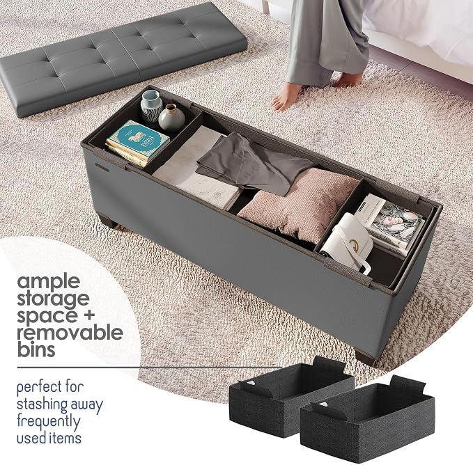 Storage Ottoman Bench with Bins, 43-in Storage Bench for Bedroom End of Bed, Folding Foot Rest Ottoman for Living Room Max 660lbs, Faux Leather Ottomans, Grey