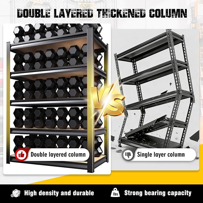 2-Pack Garage Shelving for Multi-Room Home Storage & Organization, 71" H x 32" W x 14" D 5-Tier Adjustable Metal Storage Rack for Tools, Household Items, Garage, Workshop, Pantry