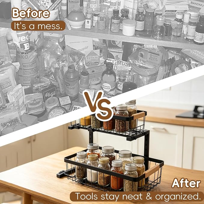 2-Tier Pull-Out Under Sink Organizer, Height Adjustable Sliding Shelf, Heavy Duty Carbon Steel, Wooden Handle & Suction Cup Base, Rust-Proof & Anti-Shake, for Kitchen Bathroom, Black (black)